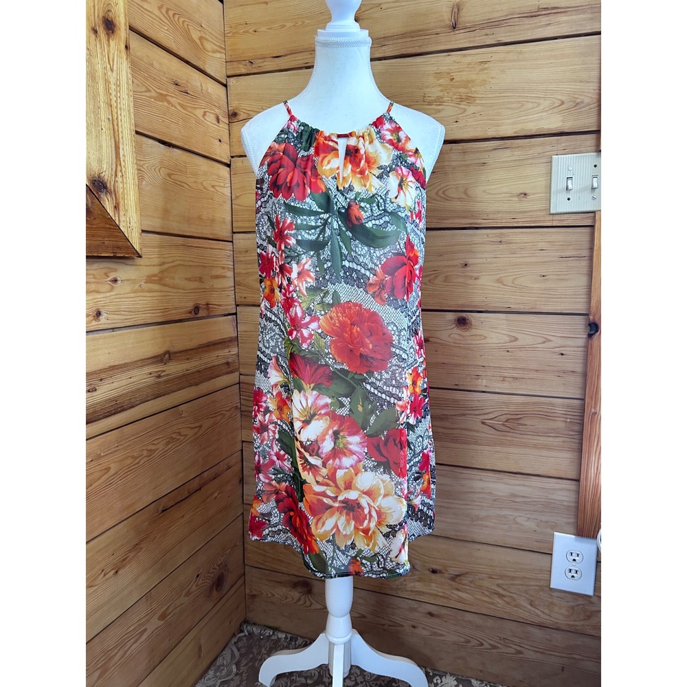 Sweet Storm Floral Lace Print Halter Mini‎ Dress Red Orange Small 210143